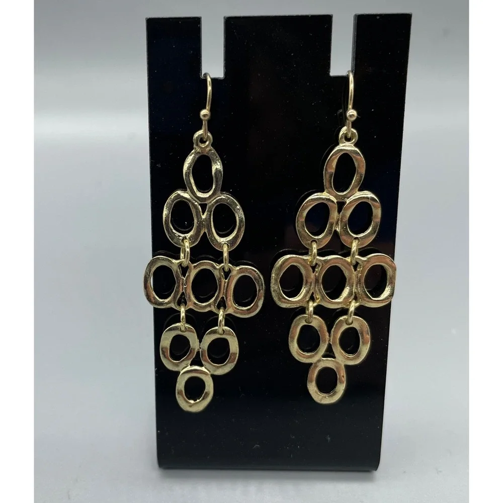 Gold Tone Tiered Geometric Oval Link Chandelier Statement Drop Earrings